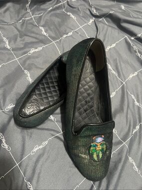 Tory Burch Dark Green Embroidered Crest Slip-On Loafers